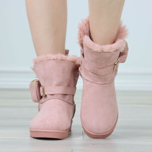 Womens Warm Fuzzy Ankle Booties Super Cozy Fully Lined Faux Pink Suede Pocket - Picture 7 of 14